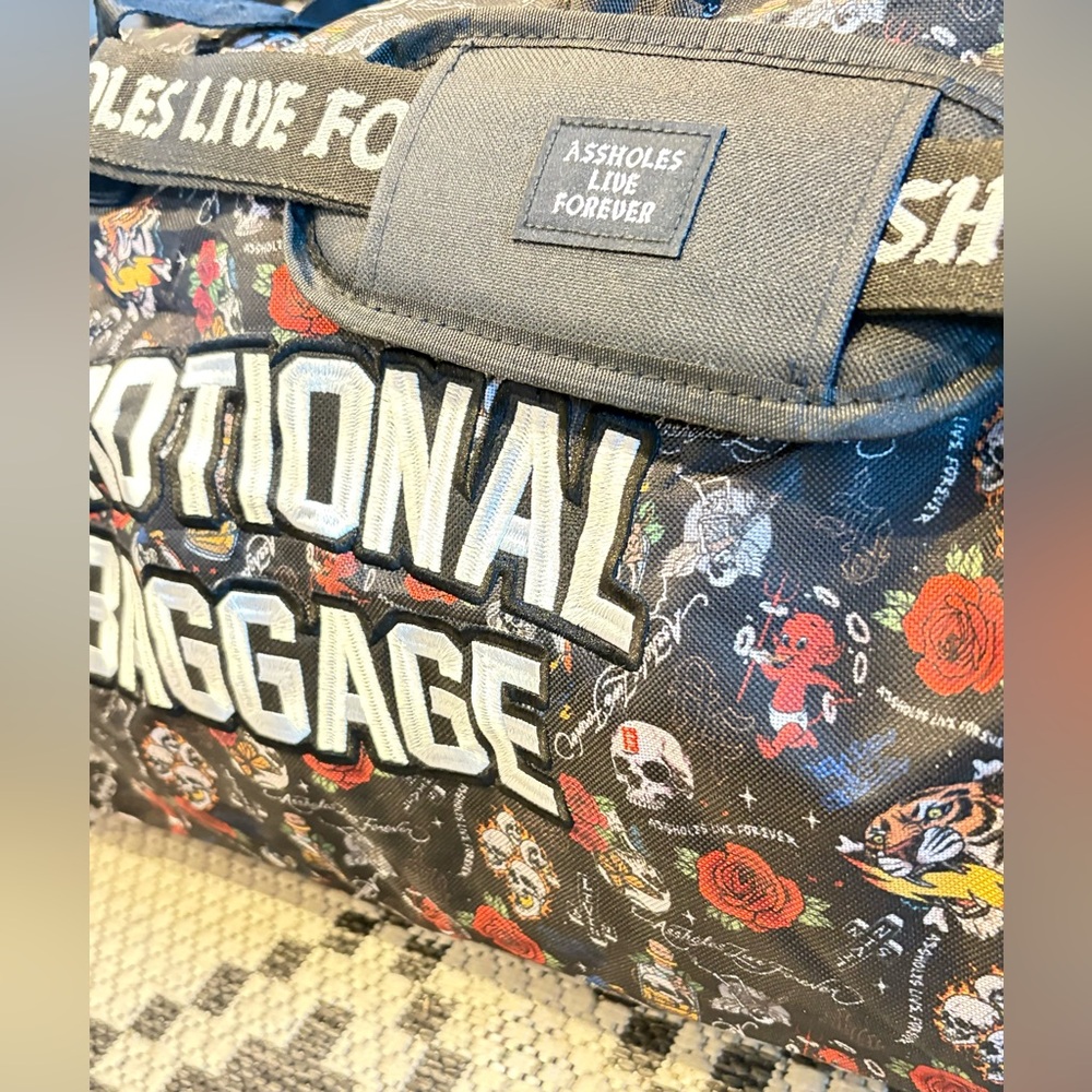 ALF Tattoo Print Embroidered Emotional Baggage Black Duffel Bag Zip Weekender - Picture 2 of 5